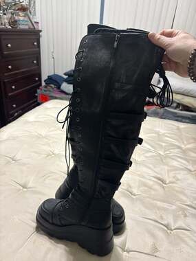 Demonia Shaker-350 Black Vegan Leather Platform Thigh High Lace-Up Boots